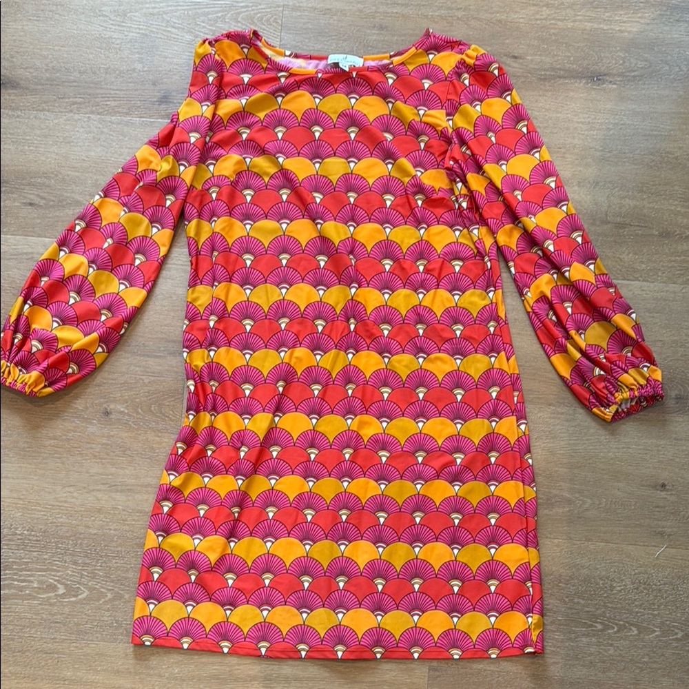 Jude Connally Pink and Orange Sheath Dress with Bishop Sleeves
